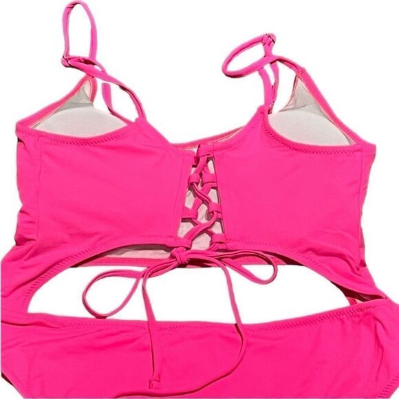 Meyeeka Front Cut Out Lace Up Back Hot Pink Swimsuit, Size L, NWT - Picture 7 of 10